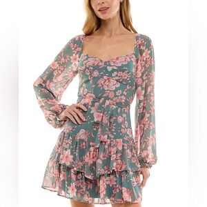 Crystal Doll Juniors' Sweetheart-Neck Long-Sleeve Floral Gray/Pink Chiffon Dress